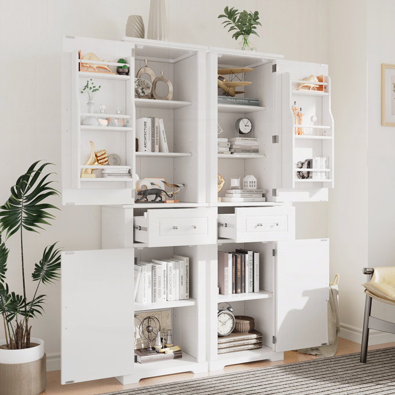 Tall Storage Cabinet with 4 Doors, Adjustable Shelf, White