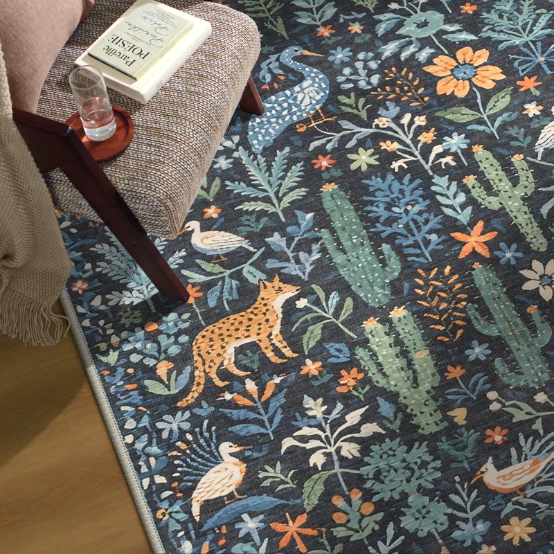 Tavaris Midnight Forest Folk Art Animals & Botanical Kids Area Rug, Machine Washable, Inspired Faux Wool - High-Rebound Foam & Non-Slip Backing