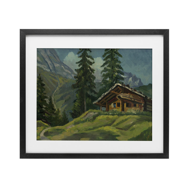 Cabine à la base de la montagne, reproduction encadrée sous verre, design avec lettres et doublure, H 13 po x l 16 po