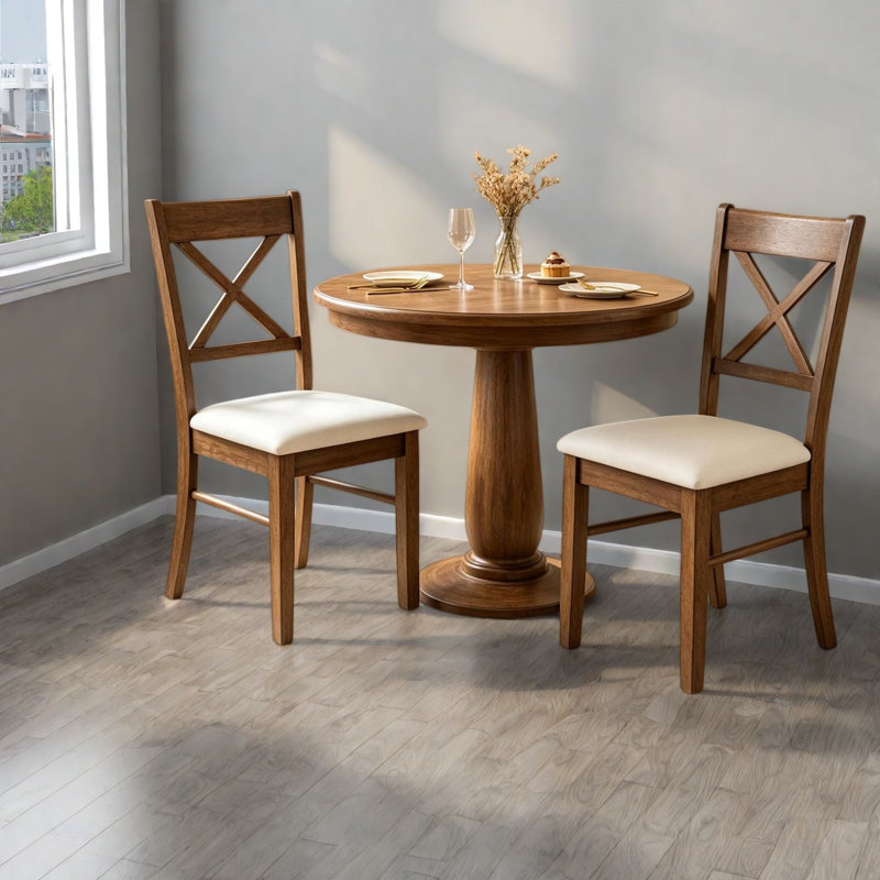 Chaises de salle à manger rembourrées, en lin et bois d'hévéa, ensemble de 2, dossier en X moderne pour la cuisine, Bois brun
