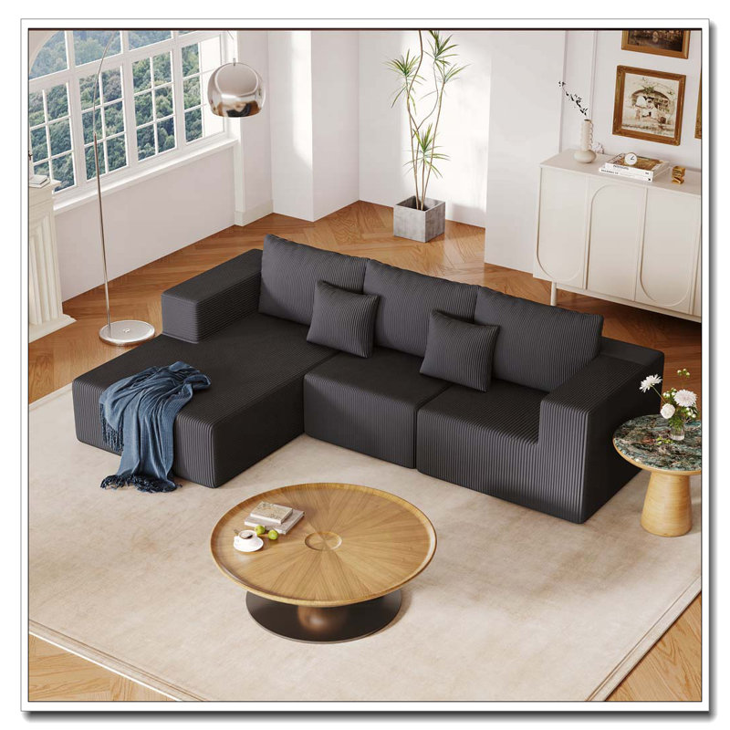 Canapé modulaire en L 108,3 po en mousse avec méridienne en L, Velours côtelé gris foncé