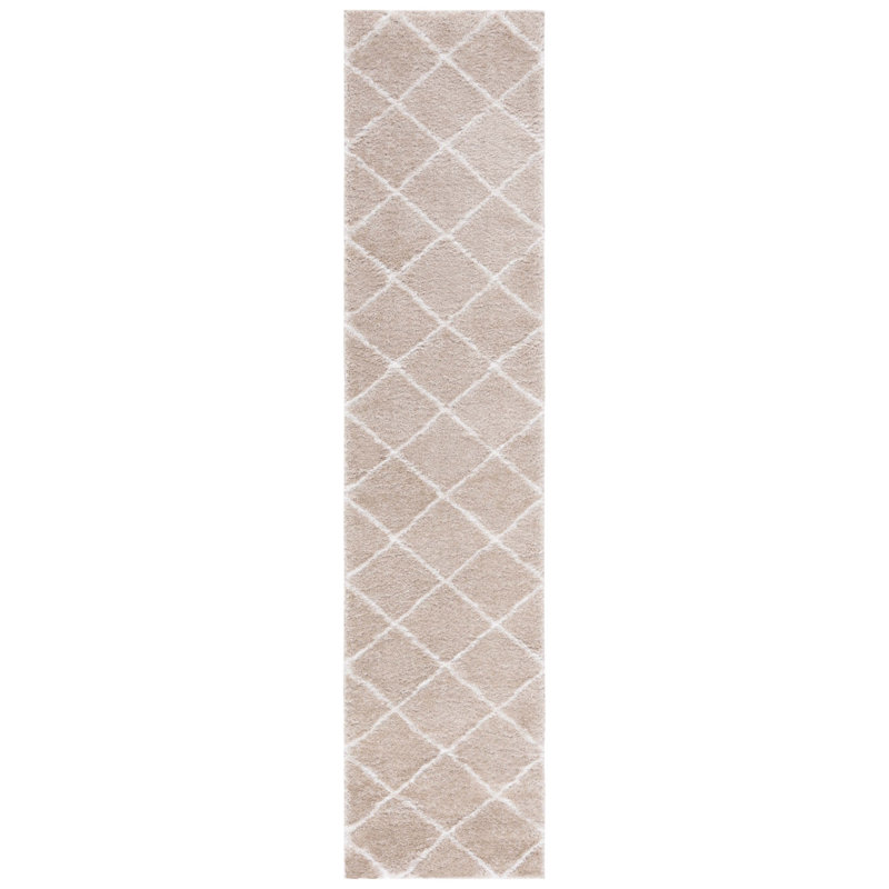 Beige and White Geometric Shag Runner Rug 2' x 9'