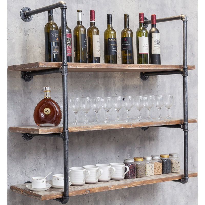 Industrial Pipe Shelf, 36 Inch Floating Shelves Wall Mounted, 3-Tiers Open Heavy Duty Bookshelf, Storage Shelving For Living Room, Bedroom, Bathroom, Office, Rustic Brown
