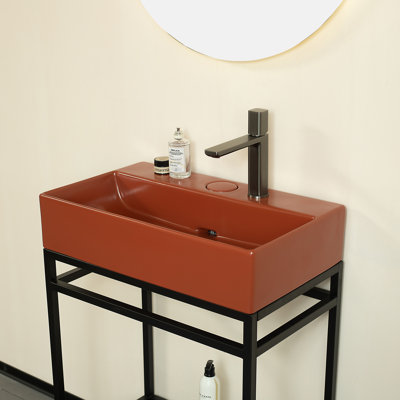 Lavabo de salle de bain en céramique 24 po, rouge sans armoire - et lavabo encastré lisse