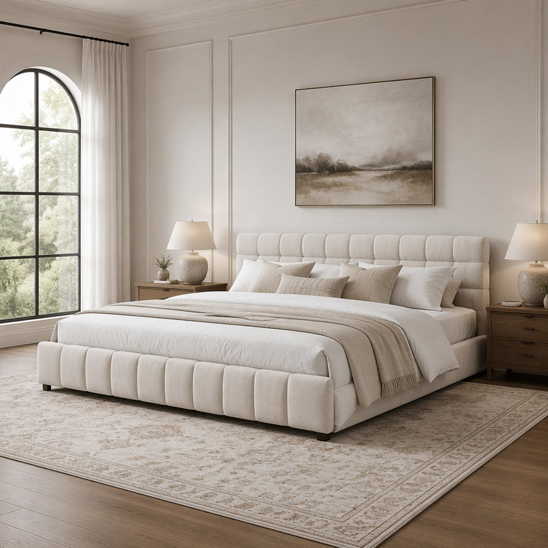Très grand lit tapissier, cadre de lit rembourré confortable, tissu chenille, avec tête de lit et cadre de lit solide. Avec tiroir pour le rangement