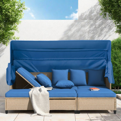 4 Pieces Uv-proof Resin Wicker Patio Sofa Set Included A 4-seat Sofa, 2 Ottomans, A Lifting Table, Retractable Canopy, Cushions And Adjustable Backrest
