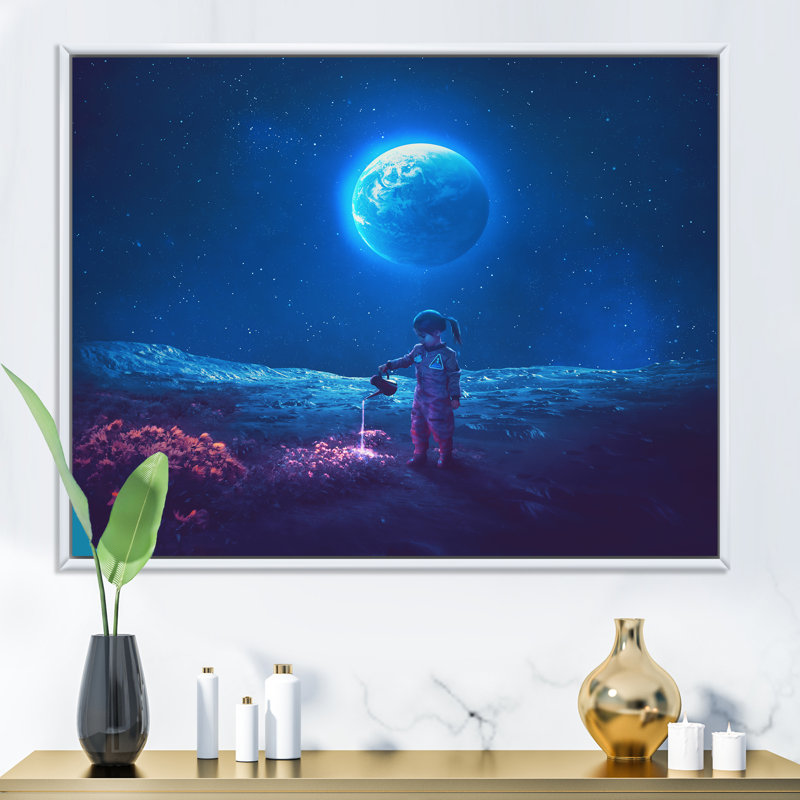 Art sur toile, fille surréelle, H 16 po x l 32 po x P 1 po, Cadre flottant blanc