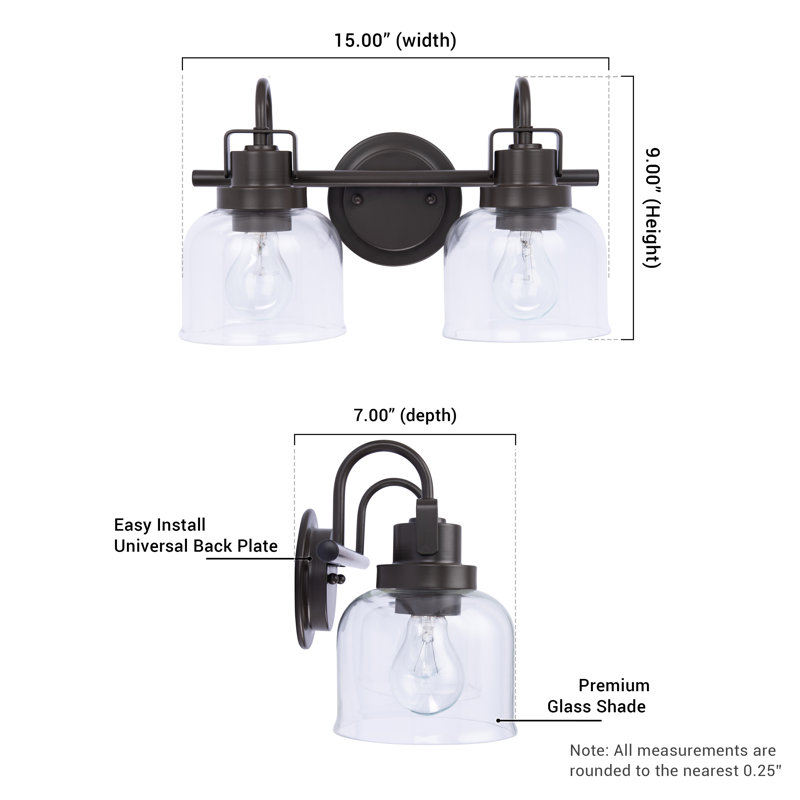 Bronze and Black 2-Light Dimmable Vanity Light with Clear Glass Shades