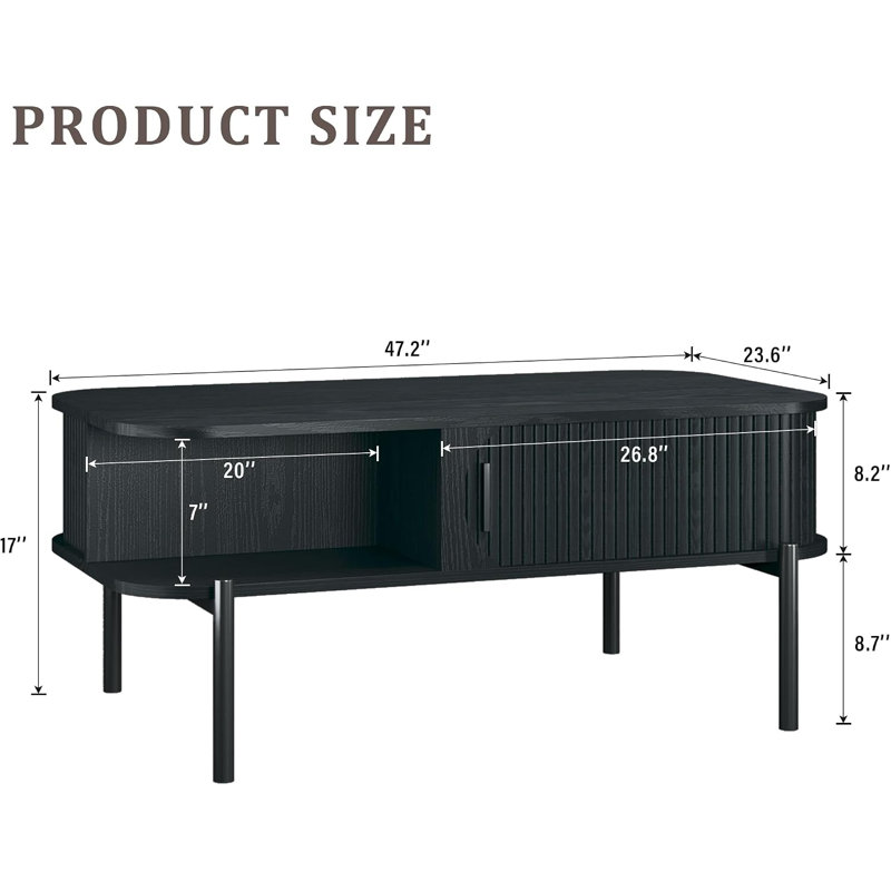 Single Coffee Table With Storage Fluted Sliding Door Cabinet, 17" H x 39.4" W x 19.6" D, Brown