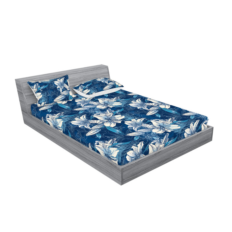 Drap-housse et taies décoratives 3 pièces Ambesonne, Bleu ciel foncé, champagne / floral