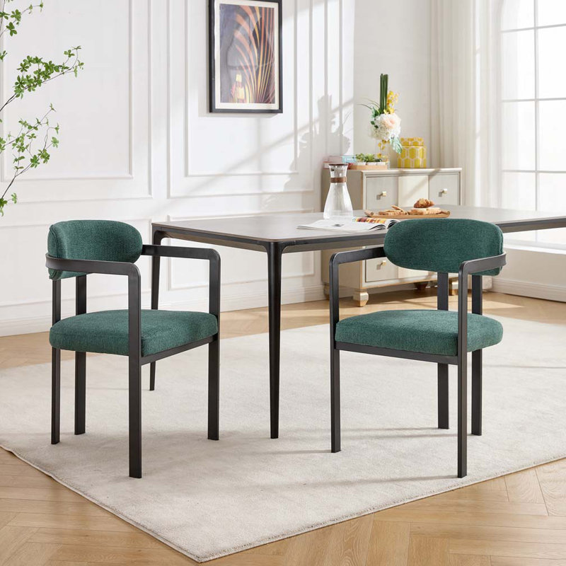 Chaises de salle à manger rembourrées en métal noir Boucle, Vert antique