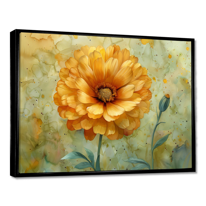 Jaune jaune vert fleuri souci - art mural souci, Cadre flottant noir, bois massif, H 34 po x l 44 po