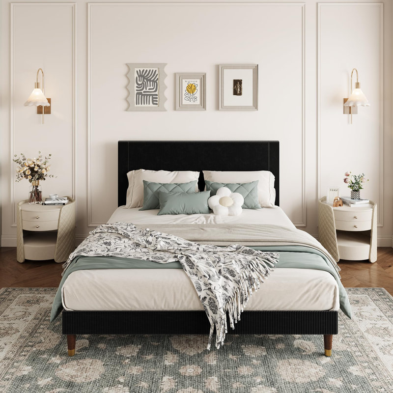 Platform Bed Frame with Headboard, Comfy Corduroy Upholstered Bed Frame with Wooden Slats Support, No Box Spring Needed, Full