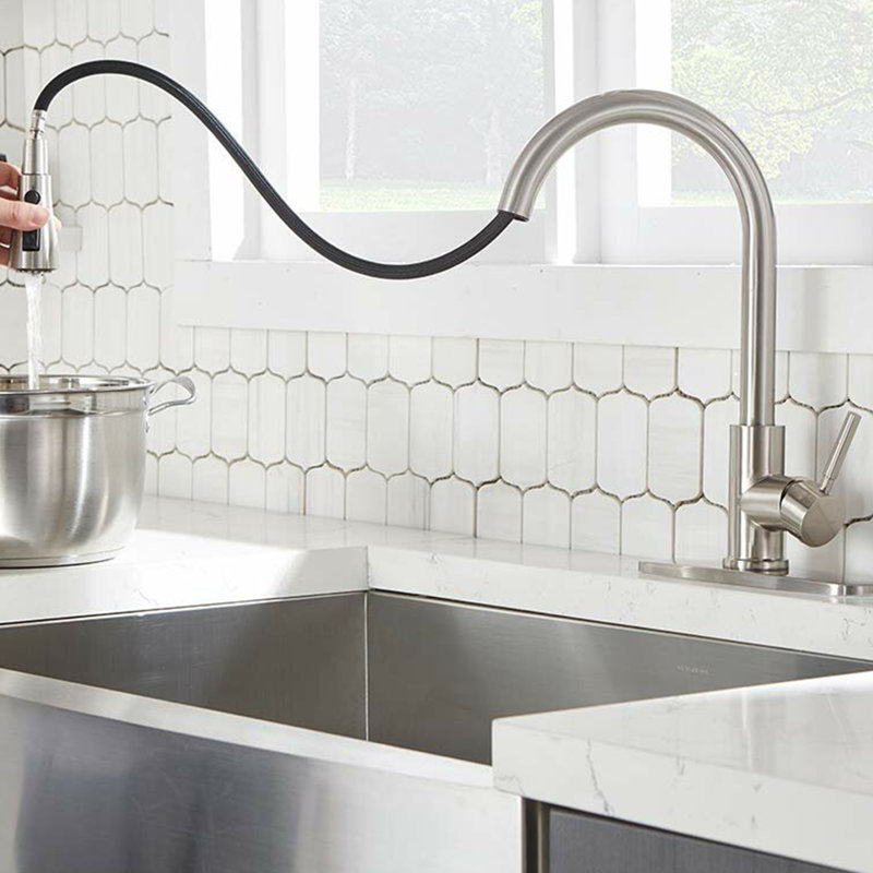 Robinet de cuisine à poignée simple en acier inoxydable avec accessoires, Nickel brossé