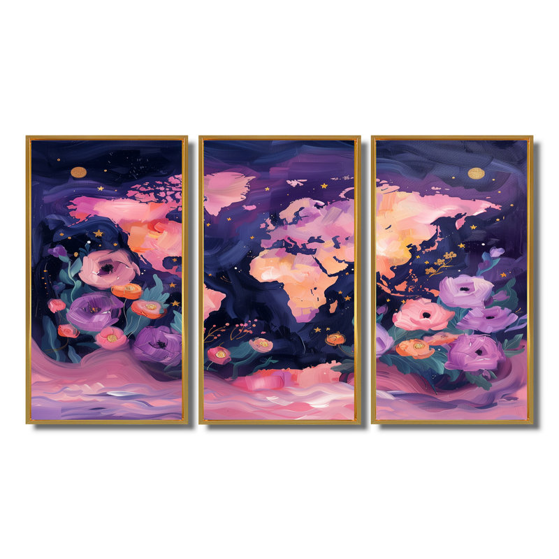 Carte mauve rose du monde Blooms II, Toile avec cadre flottant or, H 12 po x l 28 po x P 1 po