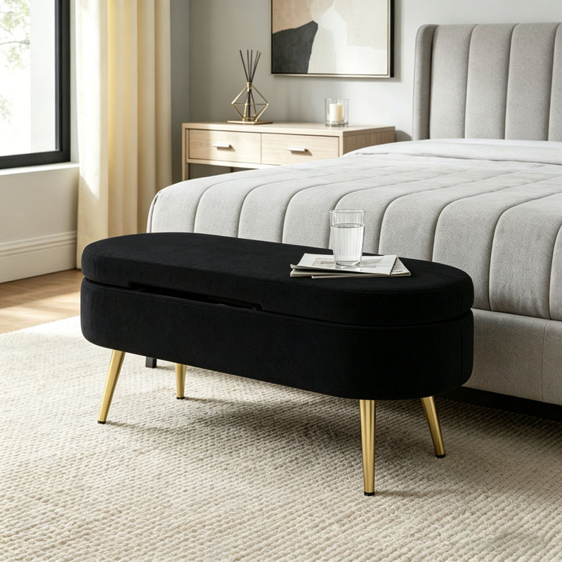 Ottoman Oval Storage Bench ith Metal Legs, Black