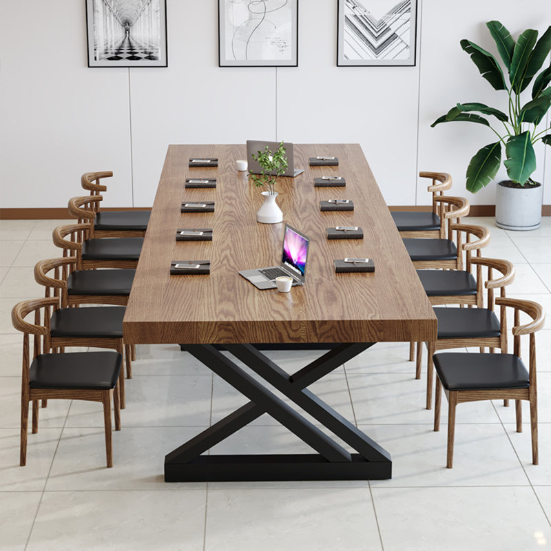 Table de conférence rectangulaire en bois massif brun et noisette + fer, H 29,53 po x L 110,24 po x l 39,37 po