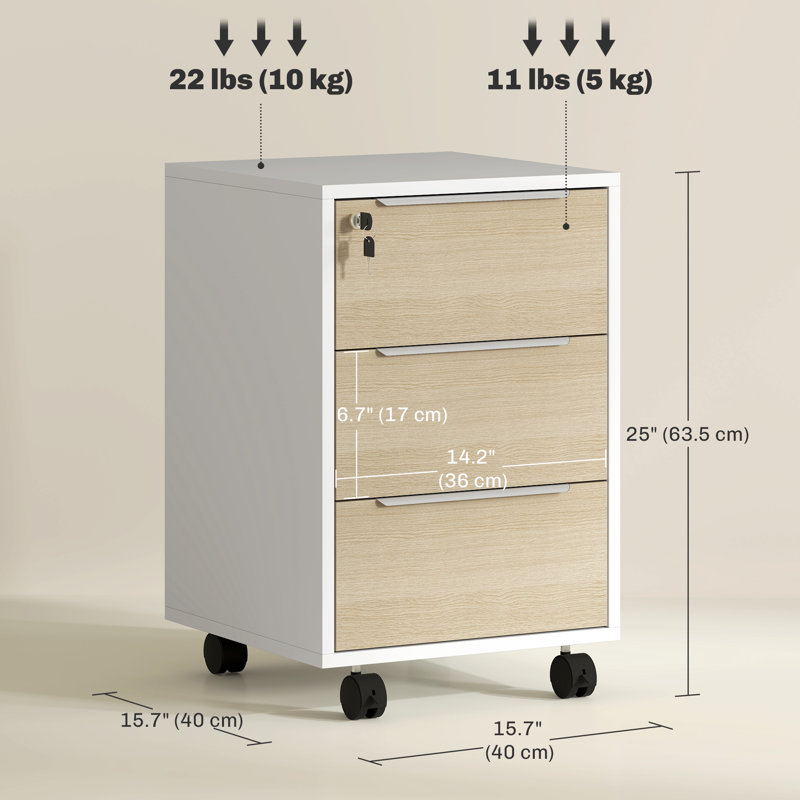 Classeur vertical avec serrure, classeur 3 tiroirs, chêne