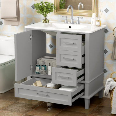 Ensemble de meuble-lavabo moderne avec lavabo 30 po, meuble-lavabo moderne avec porte à fermeture douce et 3 tiroirs, structure en bois massif
