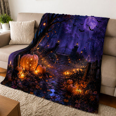 Couverture douillette citrouille d'Halloween, jeté en peluche à motif de scène nocturne effrayante pour canapé, fauteuil, chambre, salon, décoration intérieure