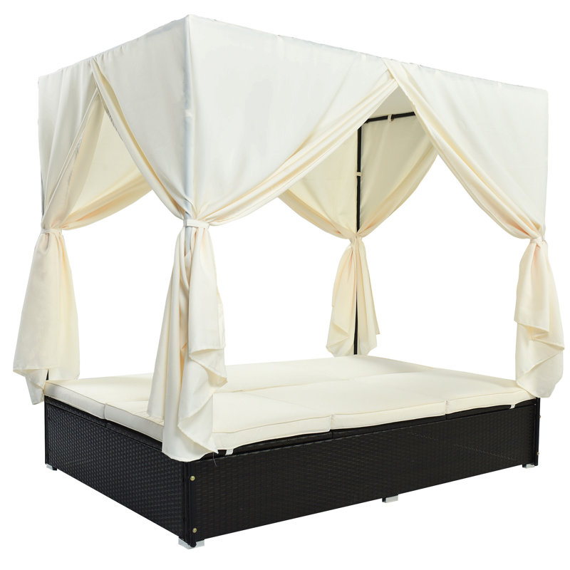 Méridienne d'extérieur double avec rideaux, lit de patio d'extérieur avec dossier réglable, canapé-lit à structure en acier robuste pour la cour, la piscine et la terrasse