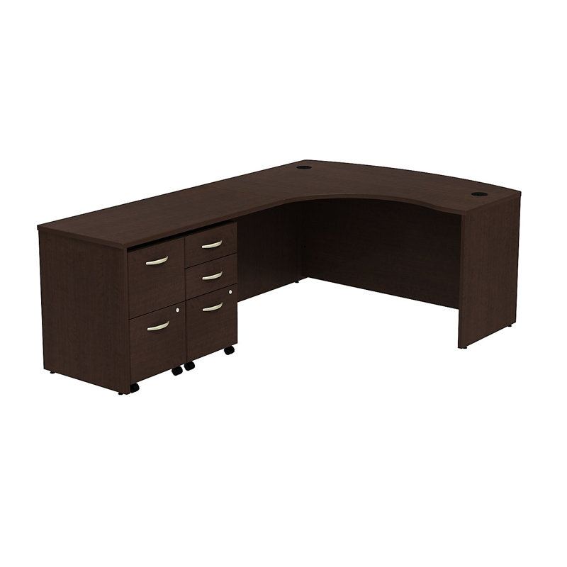 Series C Bow Front Left Handed L Shaped Desk with 2 Mobile Pedestals, Left, Mocha Cherry/Mocha Cherry