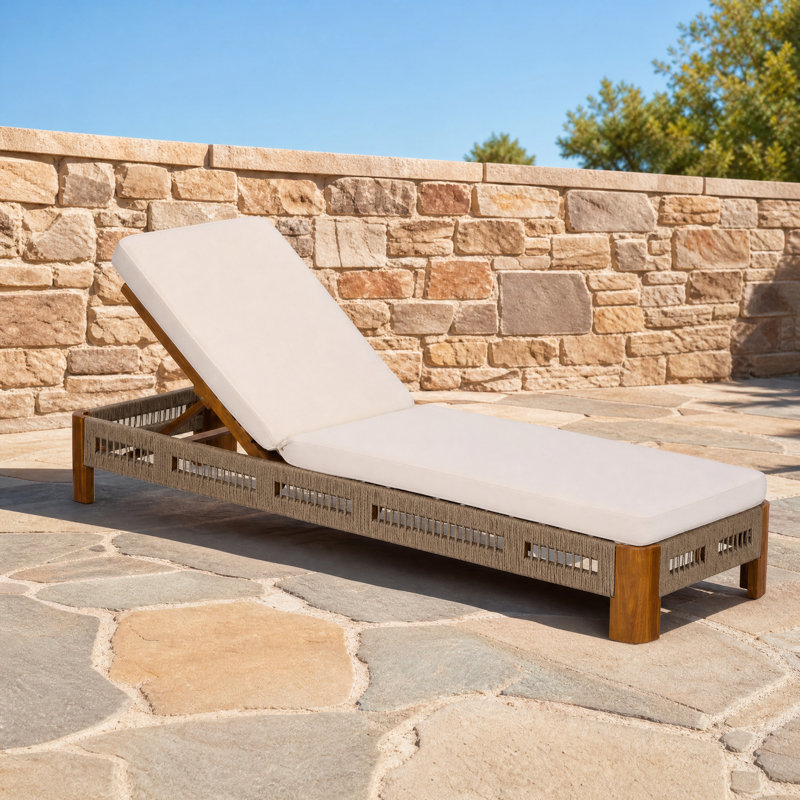 Outdoor Chaise Lounge with Cushion, Adjustable Backrest, Handwoven Rope Accents, Weather-Resistant Patio Recliner, Durable Hardwood Construction for Poolside, Backyard, Deck Relaxation, Multi-Position Recline for Sunbathing