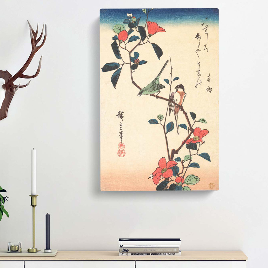 Birds upon a Camellia Branch by Utagawa Hiroshige - Wrapped Canvas