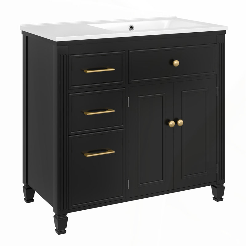 Meuble-lavabo moderne de 36 pouces avec lavabo en céramique, plusieurs tiroirs et tablette réglable au fini noir, Noir