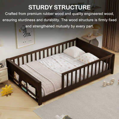 Full Size Rubber Wood Floor Bed with Guardrails,Built-in Book Rack,Without Door,Natural