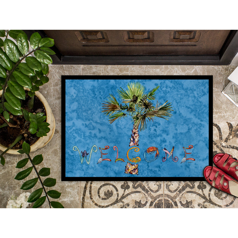 Bathory Non-Slip Floral Doormat, 1'6" x 2'3", Blue