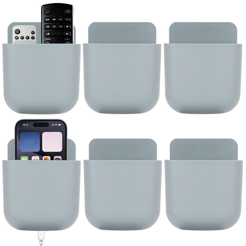 6 Pack No Drill Remote Control Holder Self Adhesive Wall Mount Storage Caddy Organizer for TV Remotes, Phone, Pen, Gray