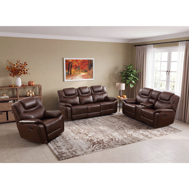 Ensemble de salon 3 pièces en similicuir classique avec canapés inclinables et fauteuil, console avec porte-gobelets et rangement