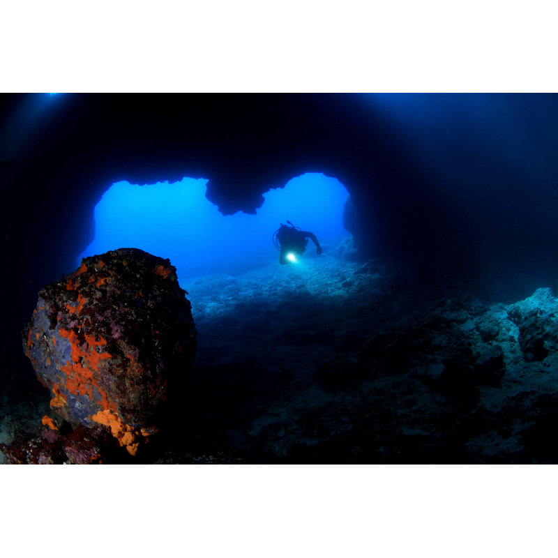 Diver In Underwater Cave - Wrapped Canvas Print, 30cm H x 46cm W x 3.8cm D