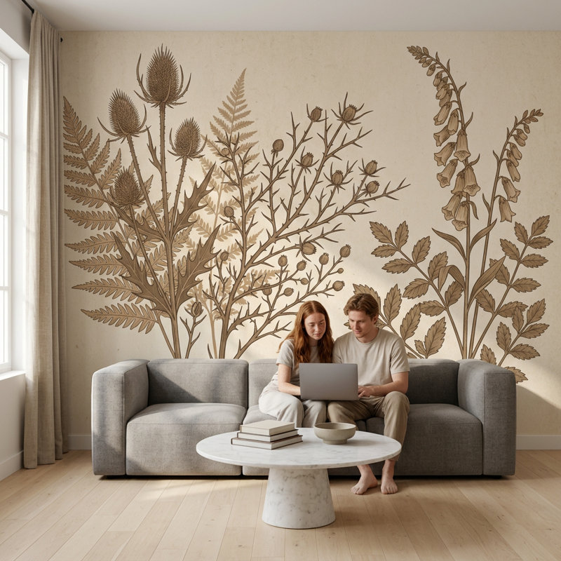Papier peint botanique rétro avec sépia fougère, 100 po x 96 po, Peler et coller
