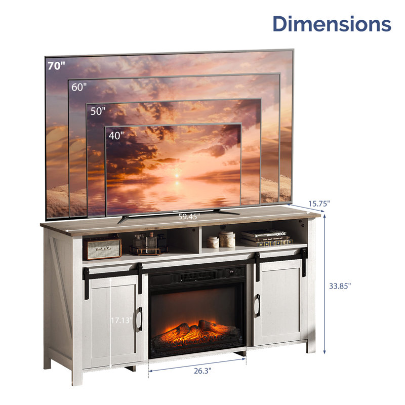 Farmhouse 59.5'' TV Stand For Tvs Up To 70'' With Electric Fireplace And Adjustable Shelves, White