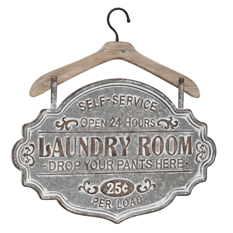 Gray Metal Sign Laundry Room Wall Decor with Brown Wood Hanger