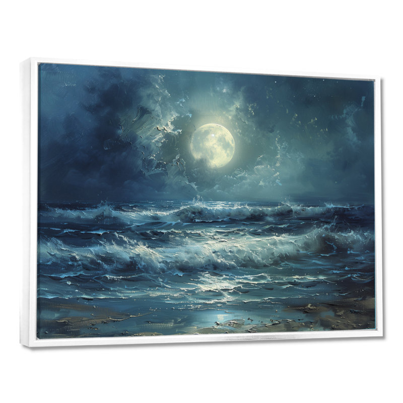 Décoration murale blanc bleu et réaliste au clair de lune hivernal - Vagues côtières, H 12 po x l 20 po, Cadre flottant blanc