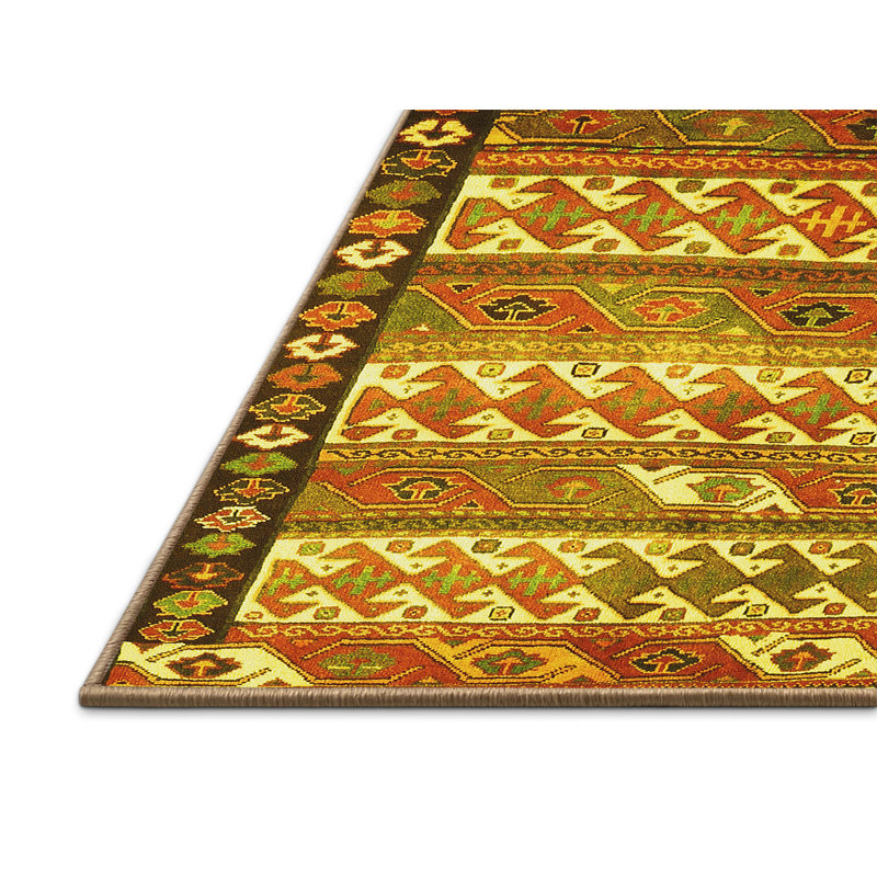 Tapis en laine / polyester tissé à la machine Southwestern en vert / beige / jaune, Rectangle 6 pi x 9 pi