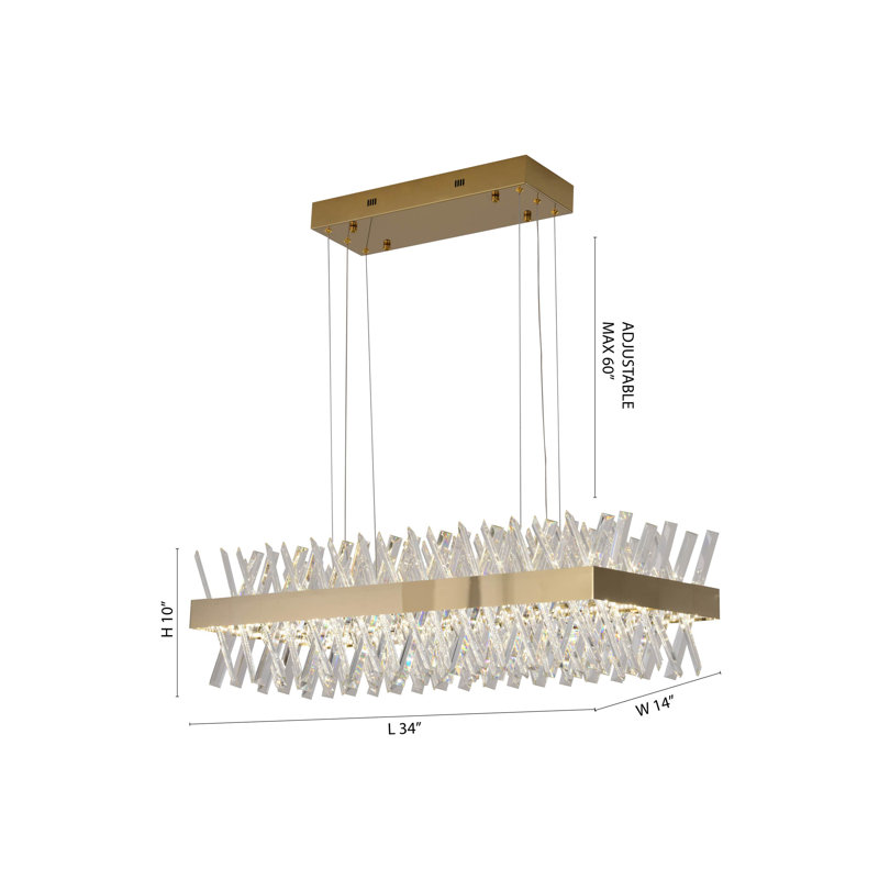 Lustre rectangulaire moderne en cristal à DEL, H 10 po x l 34 po x P 14 po, Doré