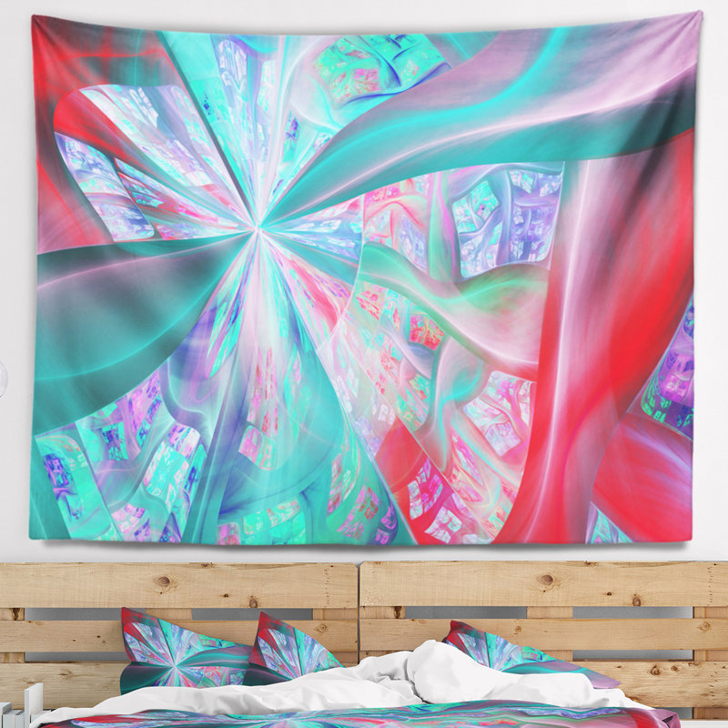 Tapisserie abstraite, rouge, bleu, fractale, plante exotique, H 32 po x l 39 po