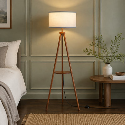 Walnut modern standing floor lamp with an integrated shelf, foot switch, and 3-color-temperature LED bulb; tall lighting for living rooms, bedrooms, and offices.