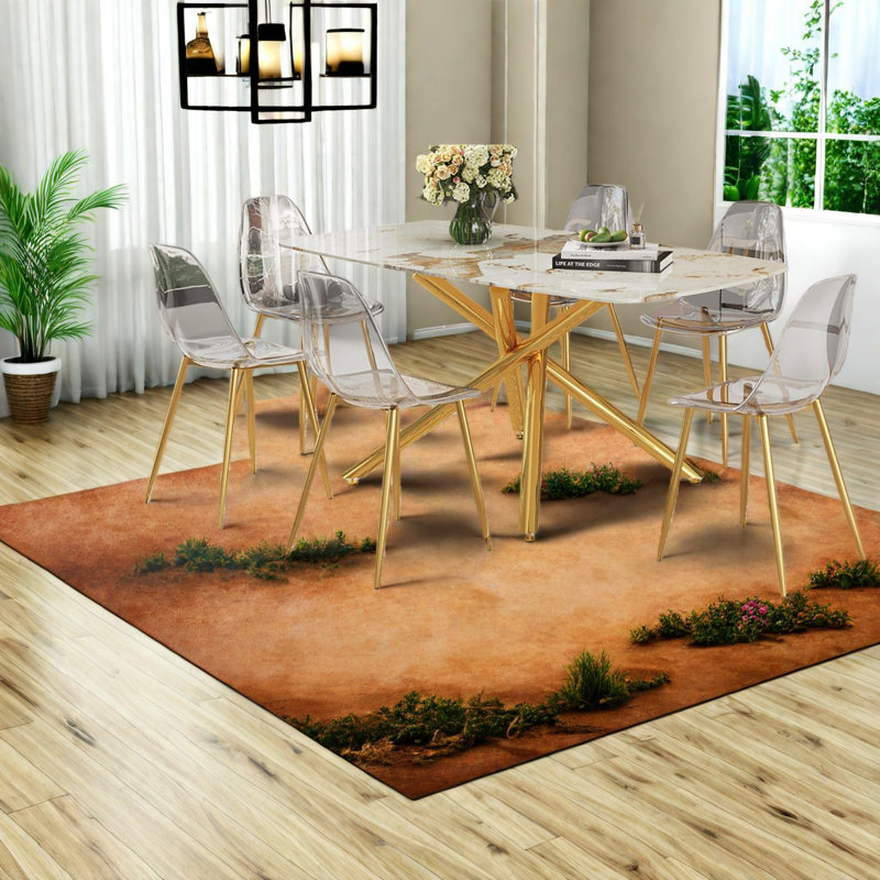 Luxueuse grande table de salle à manger avec plateau en verre marbré et pieds dorés