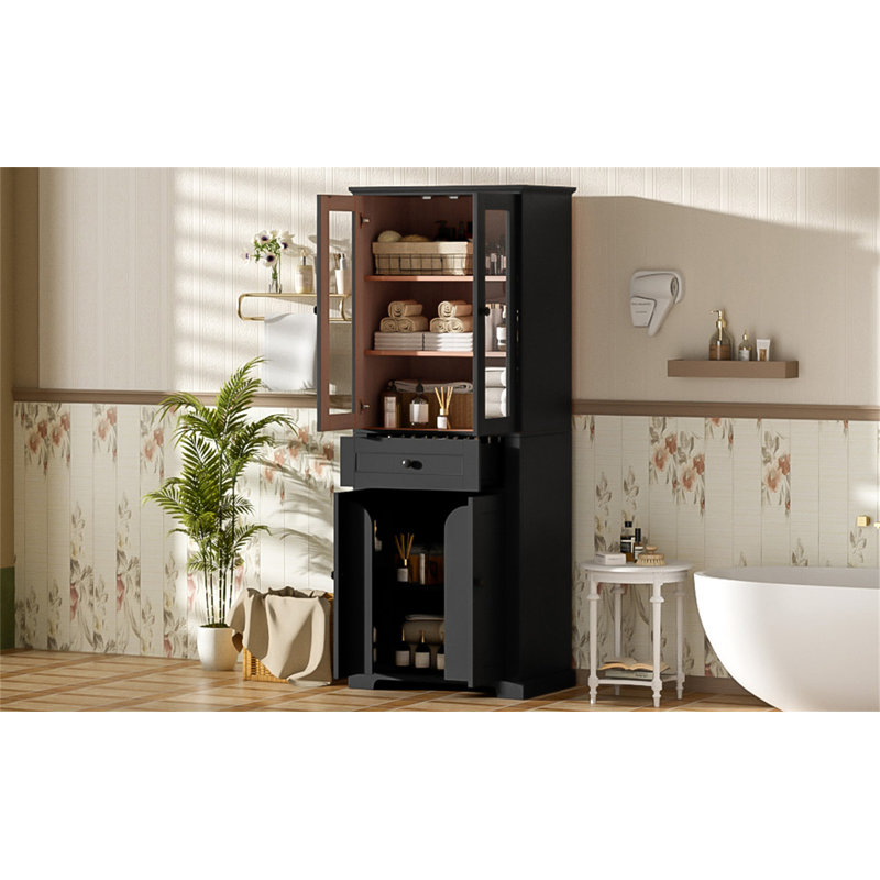 67.2" Tall Bathroom Storage Cabinet With Tempered Glass Doors, Black
