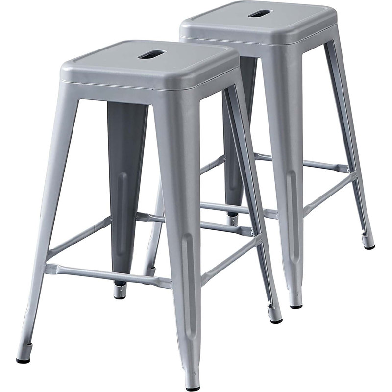 Backless Modern Lightweight Industrial Metal Bar Stools with 4 Leg Design, Set of 2, 24 Inch Seat, Silver, Silver