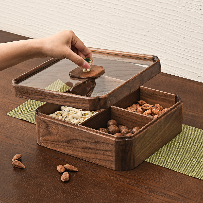 Black Walnut Wooden Nut and Candy Serving Tray, 4 Compartments Glass Lid Snack Tray for Dry Fruits.