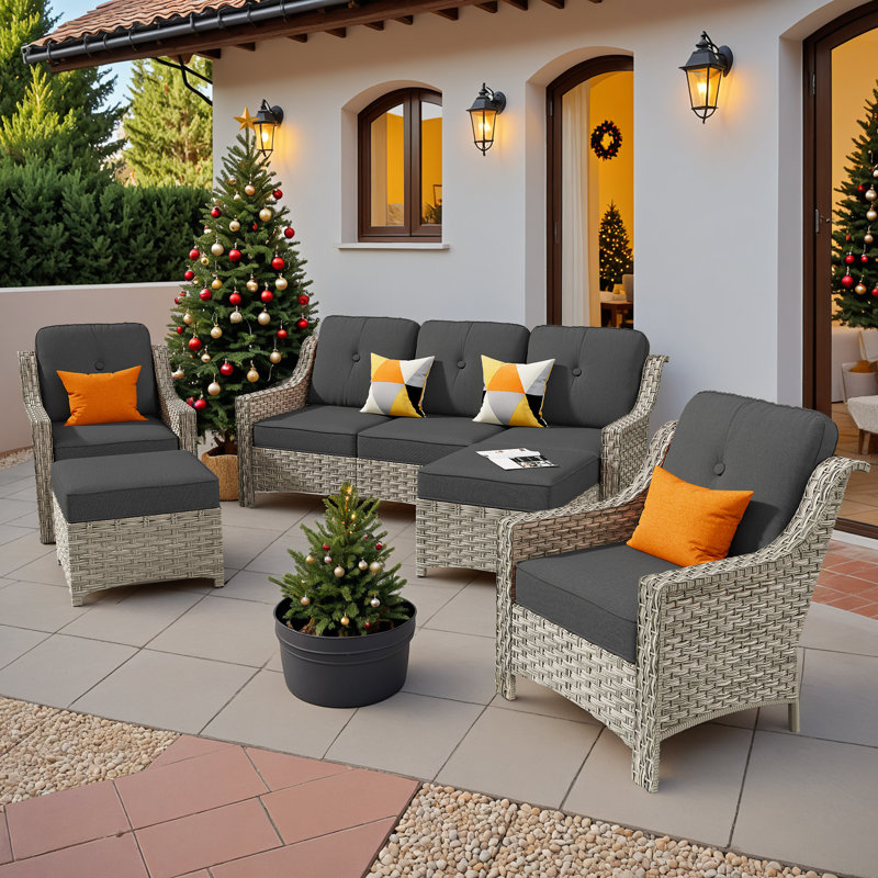 Harper Wicker 7 - Person Patio Conversation Set with Cushions, Black