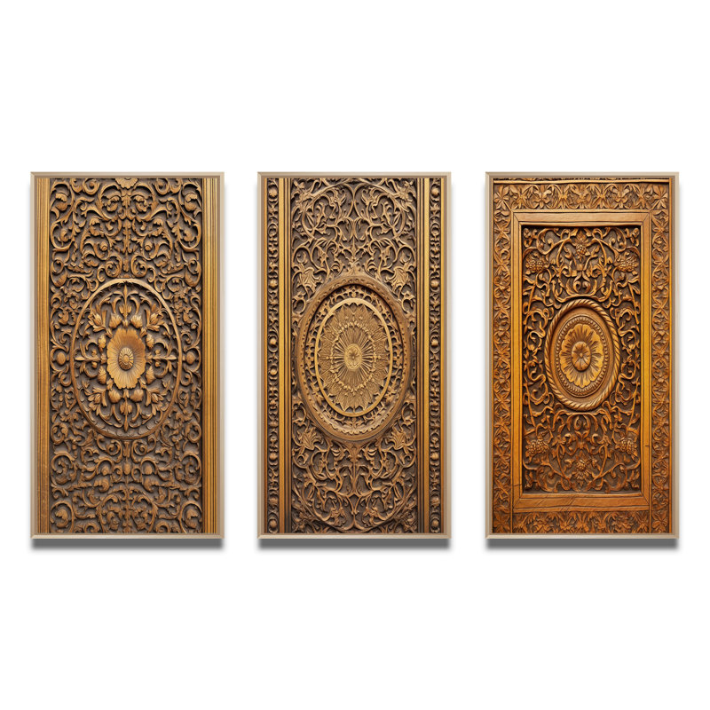 "Vieille porte en bois sculpté", 3 pièces sur toile, Encadré naturel, H 40 po x l 60 po