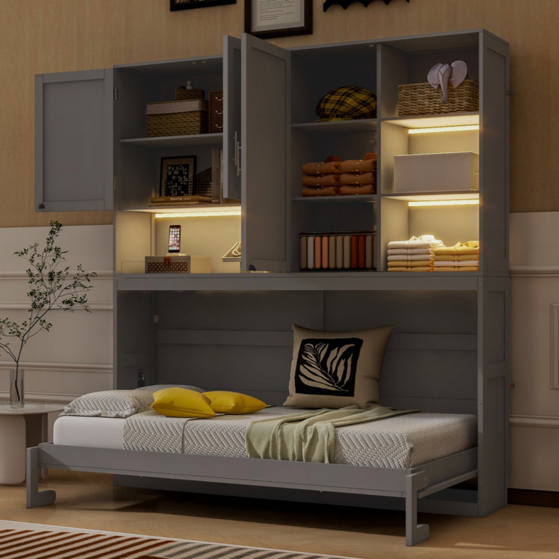 Lit escamotable mural avec armoire supérieure, tablettes, lit pliable peu encombrant avec éclairage et port USB, Gris