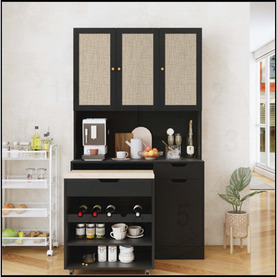 69.29 Inch Modern Buffet Cabinet with Kitchen Cart, Tall Pantry Storage, and Adjustable Shelves, Black